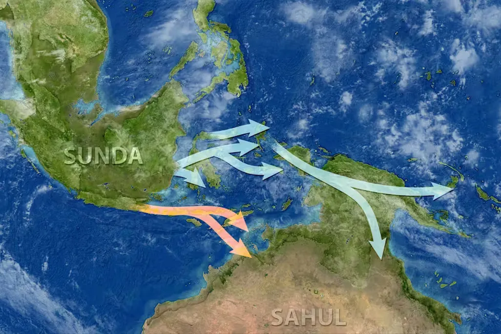 Illustration with red and blue arrows north of Sahul