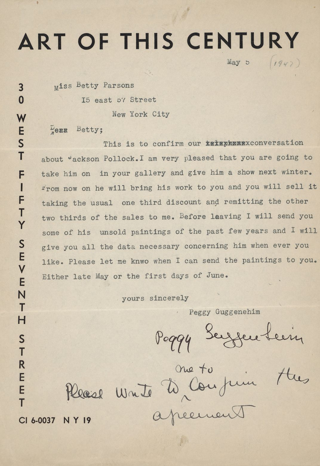 Letter from Peggy Guggenheim to Betty Parsons