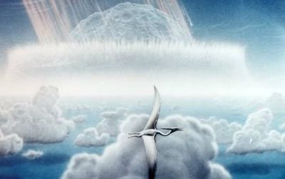 Artist Donald E. Davis' depiction of the asteroid impact which played a critical role in the end-Cretaceous extinction.