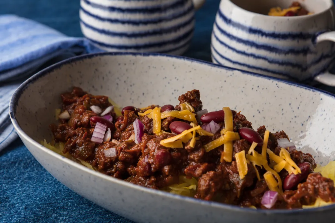 Bowl of Cincinnati-style chili