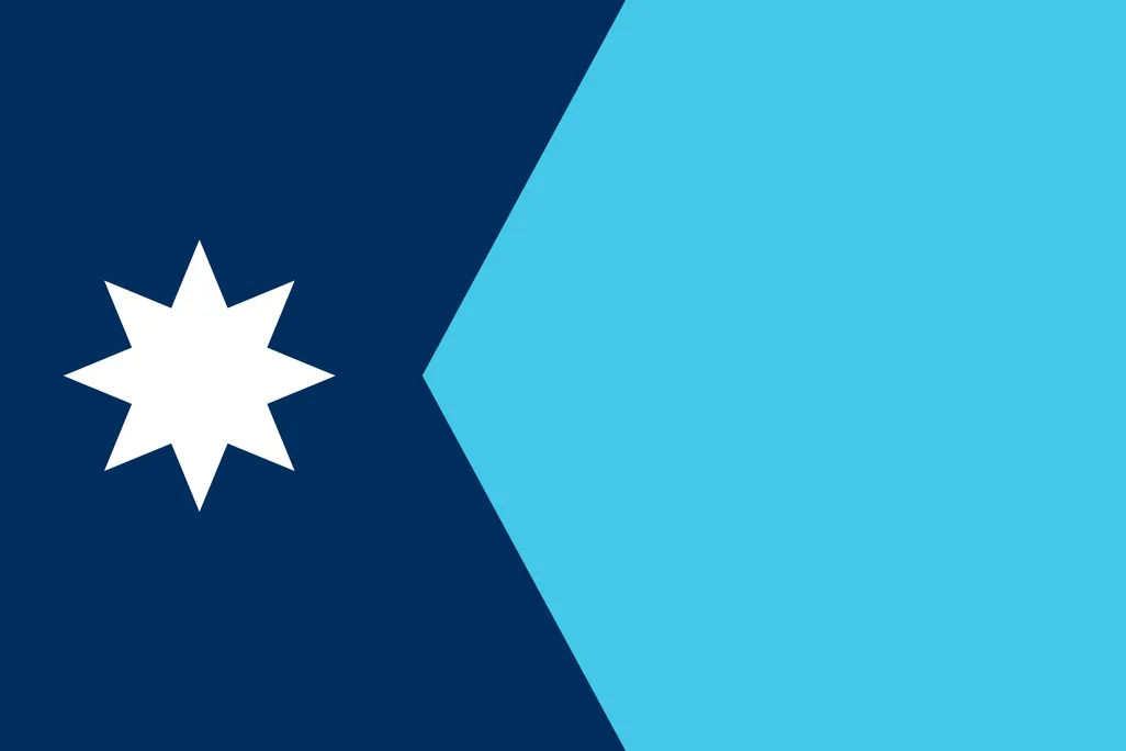Navy blue and light blue flag with a white star