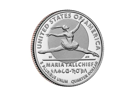 On the new U.S. quarter, sculptor Joseph Menna and designer Benjamin Sowards depict Tallchief floating through the air in the middle of a dramatic leap in The Firebird.