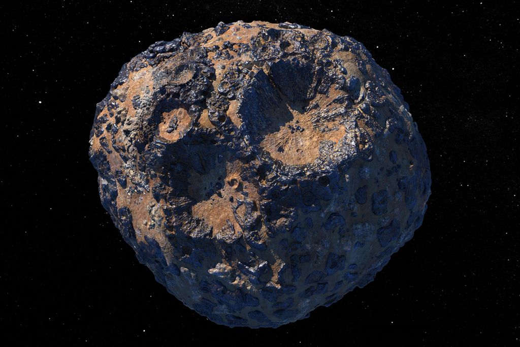 Artist's rendering of an asteroid coated with chunks of metal and with a few craters