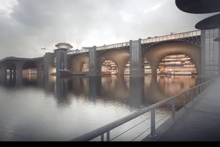 A VR animation of a 1945 design for a massive elevated airport over the Hudson River