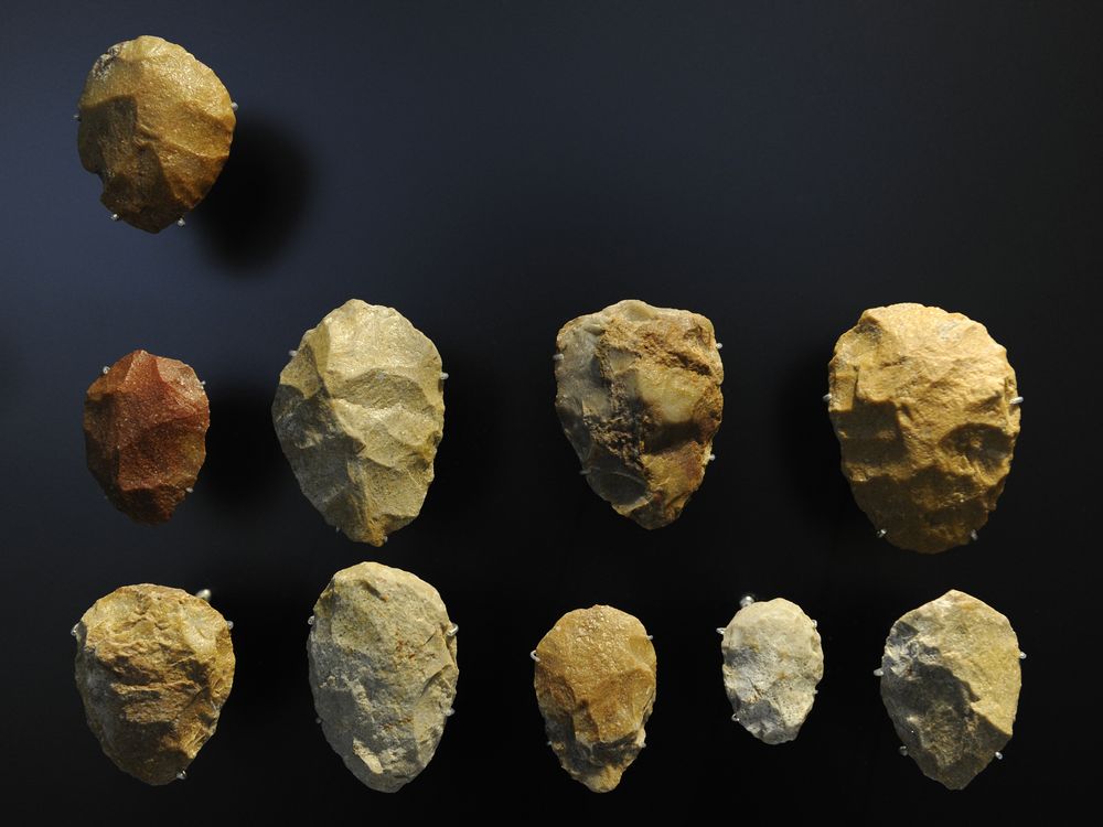 Hand axes made of quartzite from between 100,000 and 40,000 B.C.E. at the National Museum of Denmark in Copenhagen.