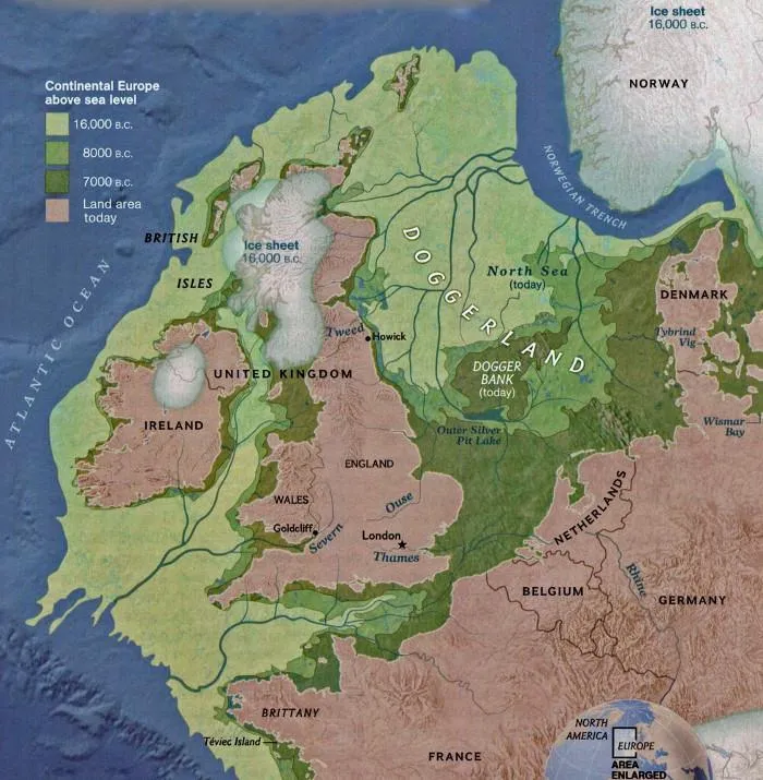 The modern map of Britain, a separate island from mainland Europe, with green shading to show a land mass that used to connect the two 16,000, 8,000 and 7,000 years ago