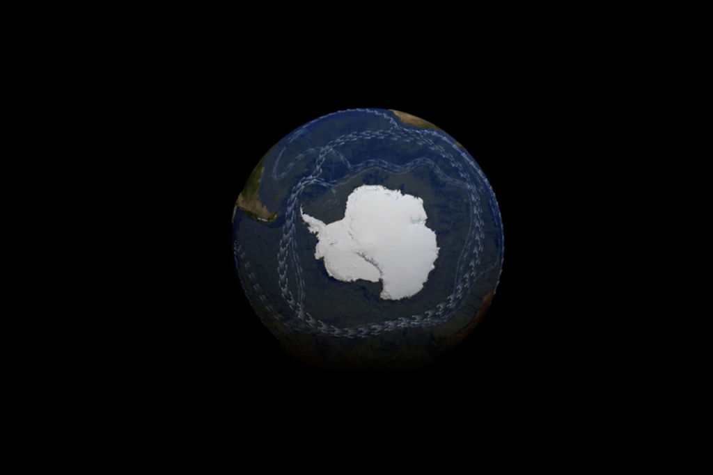 Antarctic Circumpolar Current on the globe around a white Antarctica with branches connecting to other currents.