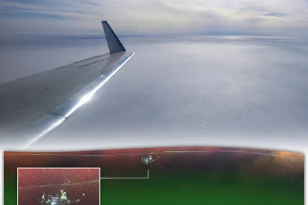 A NASA scientist&#39;s picture out the window of a plane over Greenland, combined with the new radar map of Camp Century, at the bottom.