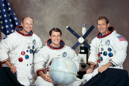 The crew of Skylab 4 in August 1973. From left to right: astronaut Gerald Carr, who commanded the mission; scientist-astronaut Edward Gibson; astronaut William Pogue.