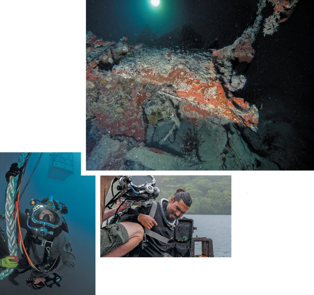 Manown’s plane was finally located in 2015. Two subsequent expeditions failed to recover the pilot’s remains. In July 2023, the nonprofit Project Recover returned for a third attempt. Clockwise from top: the wreckage of the plane on the seafloor, at a dep