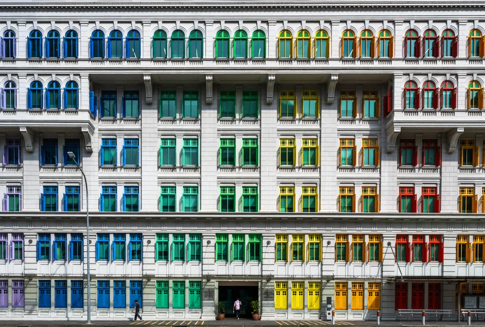 Singapore's historic Old Hill Street Police Station is famous for its more than 900 windows painted in the colors of the rainbow.
