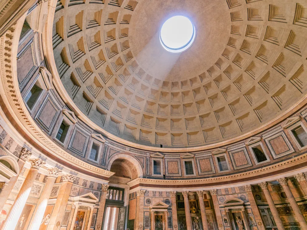 A view of the Pantheon's dome in Rome from the inside of the building.