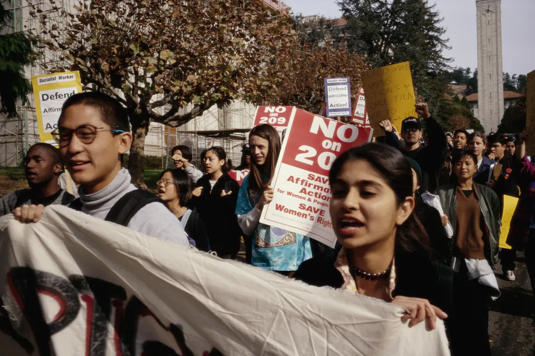 Students protest in favor of affirmative action outside a meeting of the University of California's Board of Regents in November 1997.