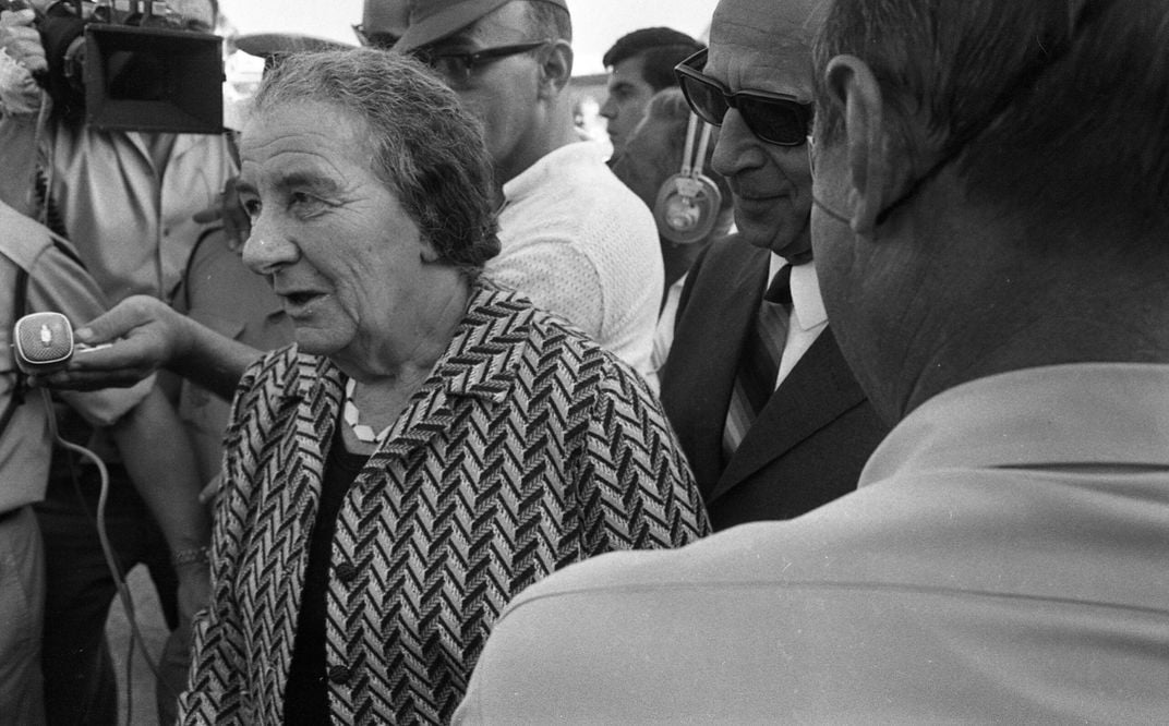 Reporters interview Meir after her return from a visit to the U.S. in 1969.