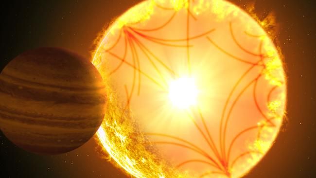 illustration of a jupiter-like planet and fiery yellow star