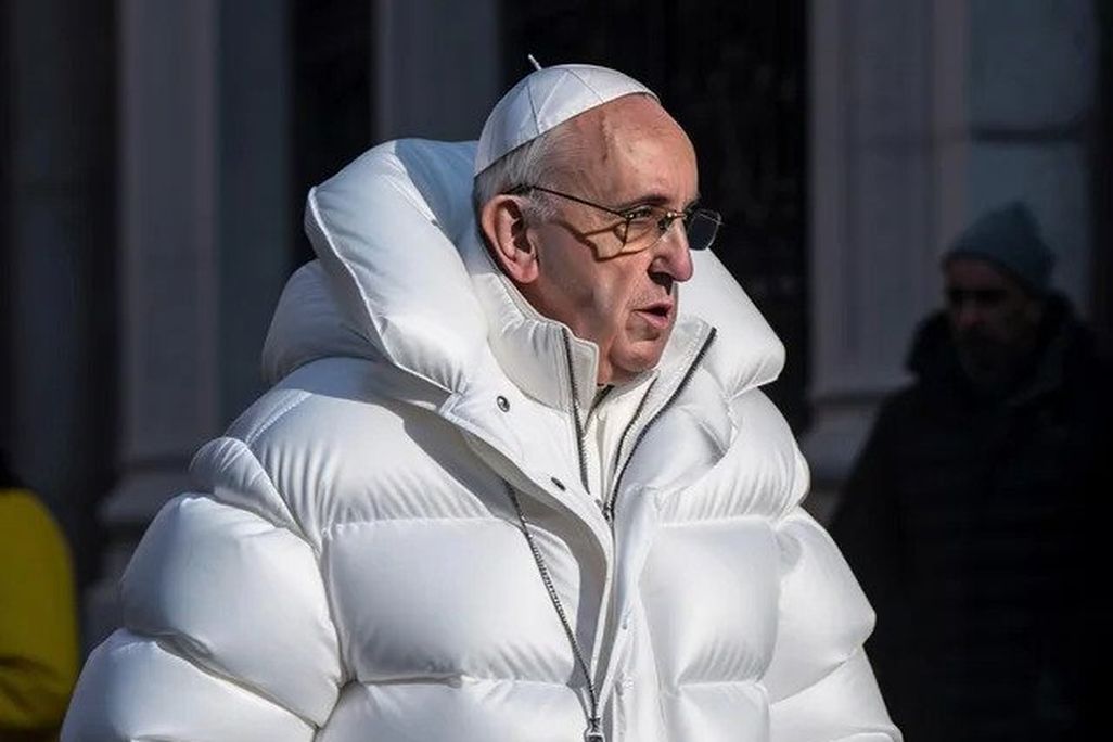 Pope Francis in a white puffer jacket, AI-generated