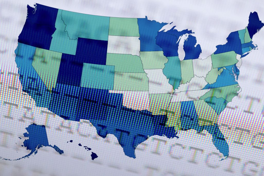letters over a map of the United states with different states shaded different colors