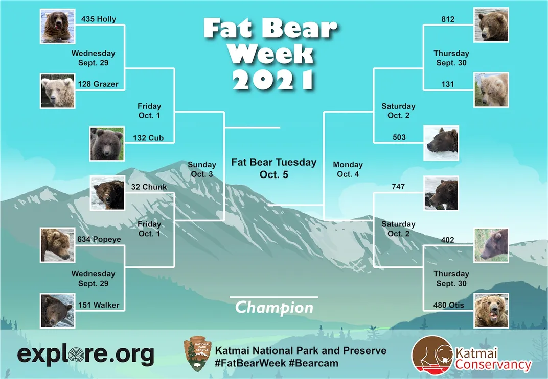 An illustration of the official Fat Bear Week 2021 Bracket