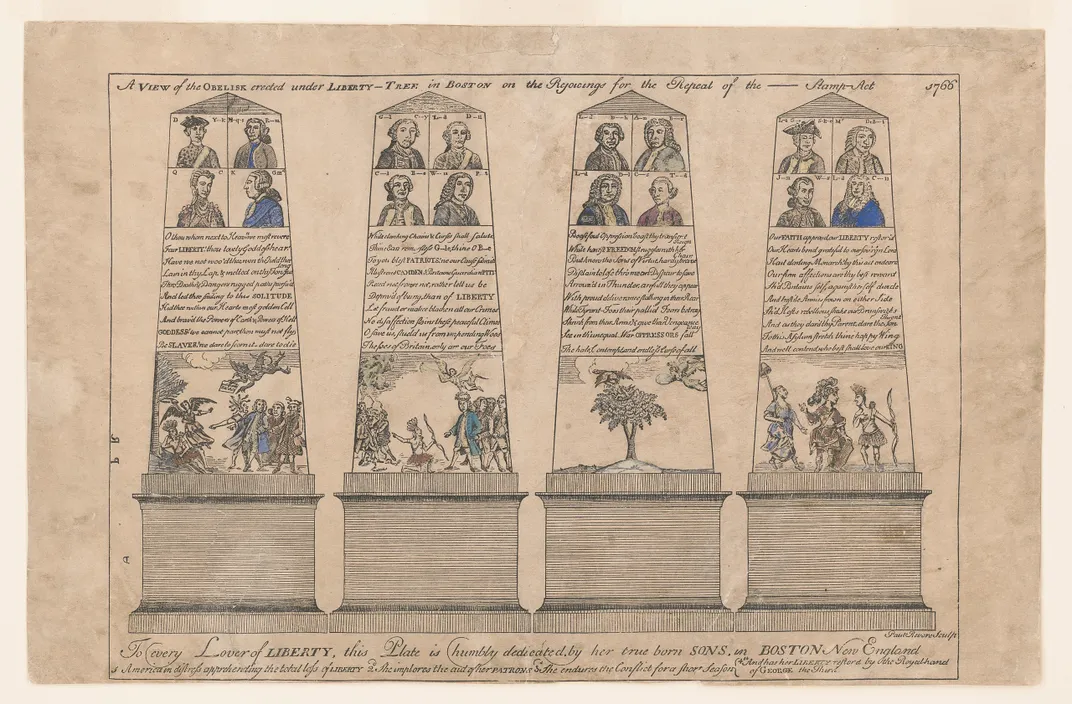 Drawing of an obelisk erected in Boston to celebrate the repeal of the 1766 Stamp Act