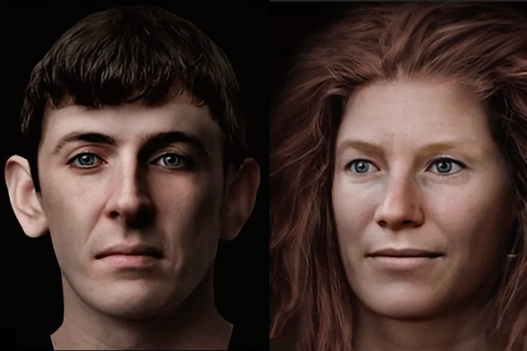 Man's face next to woman's face against a black backdrop