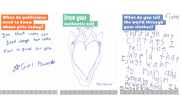Three cards where visitors left handwritten messages invoking girl power. One card reads: “you think we're not good enough but we're just to [sic] good for you, girl power.”