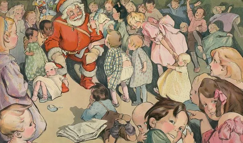 illustration of kids gathering around Santa