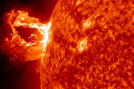 An solar storm erupts on April 16, 2012, captured by NASA's Solar Dynamics Observatory in the 304 Angstrom wavelength. 