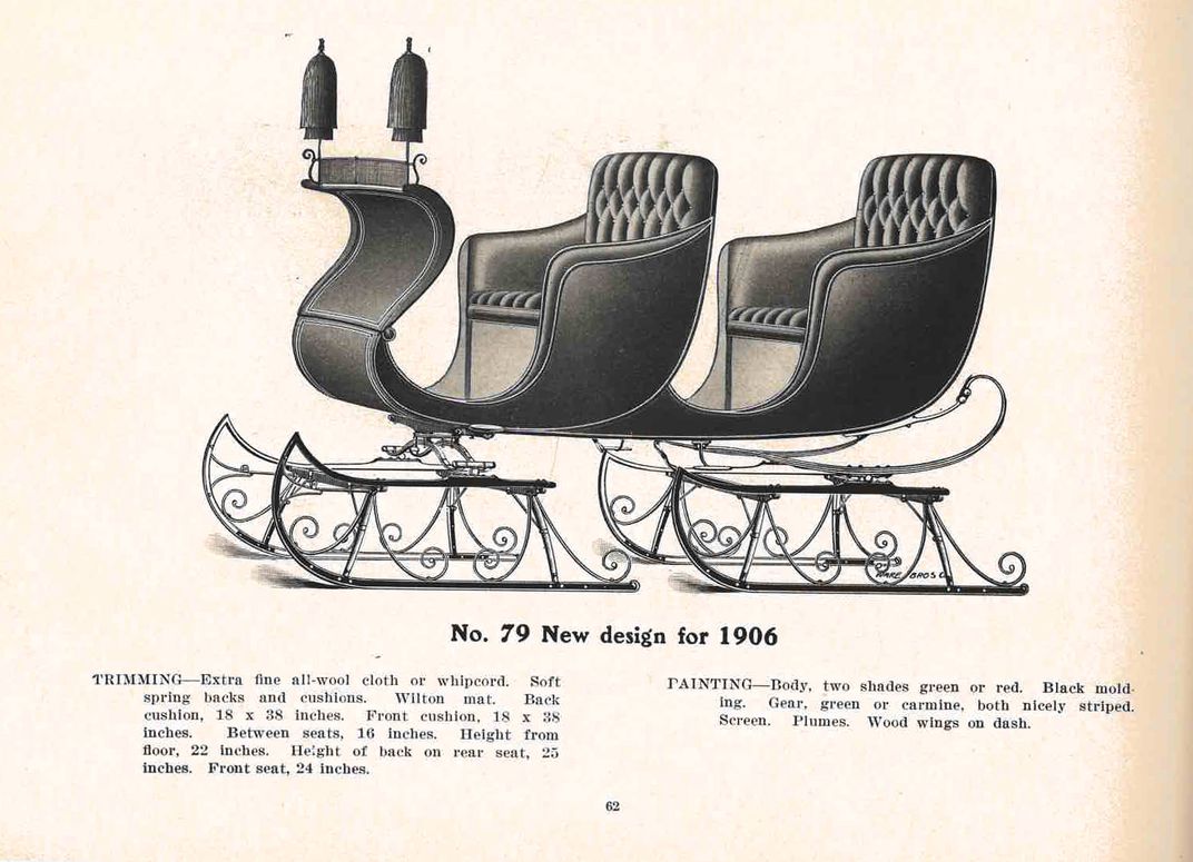 Turn of the 20th century illustration of sleigh with lamps.