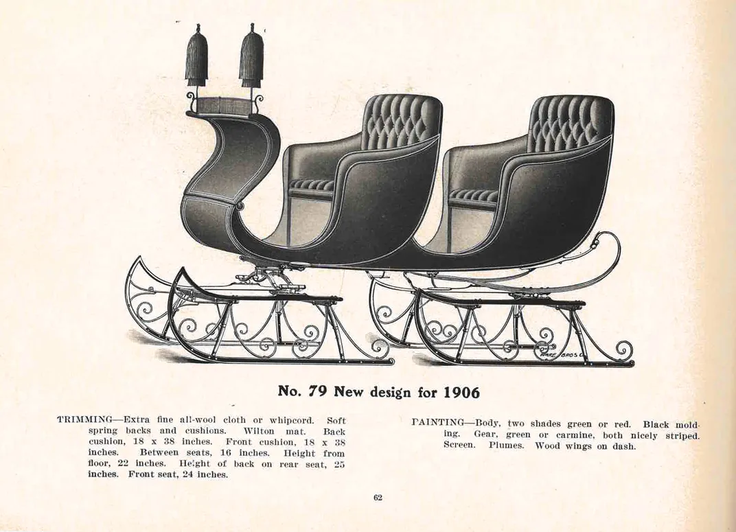 Turn of the 20th century illustration of sleigh with lamps.