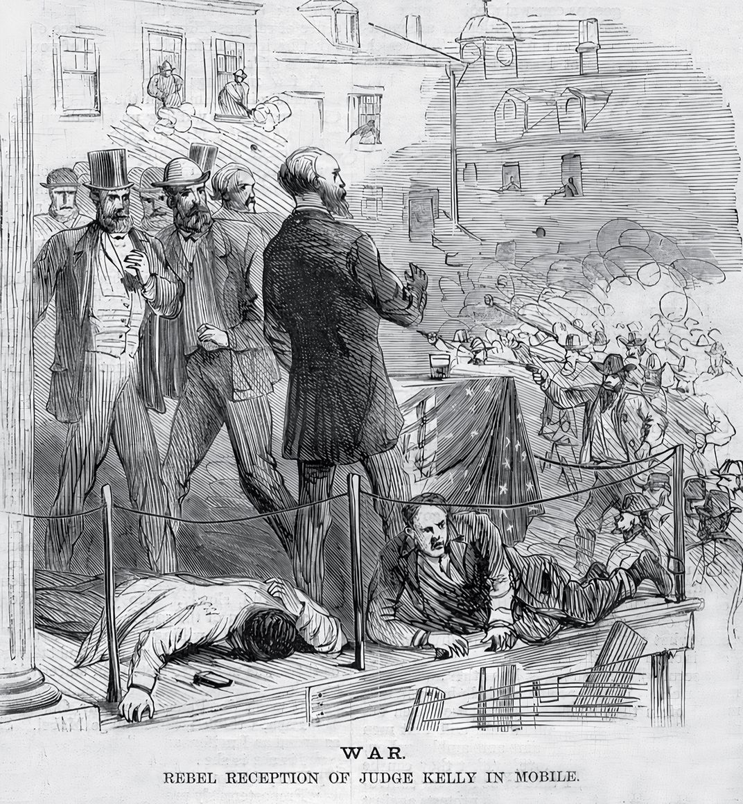 an illustration of a mob attacking a politician giving a speech