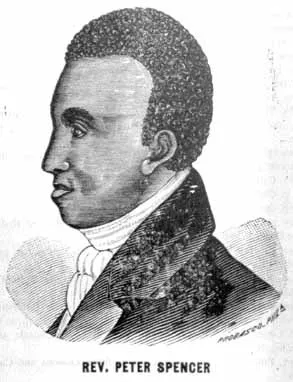 Black-and-white illustration of a man with close-cropped hair, tall black collar and white ascot. Words below his portrait: Rev. Peter Spencer. Our Founder 1813.