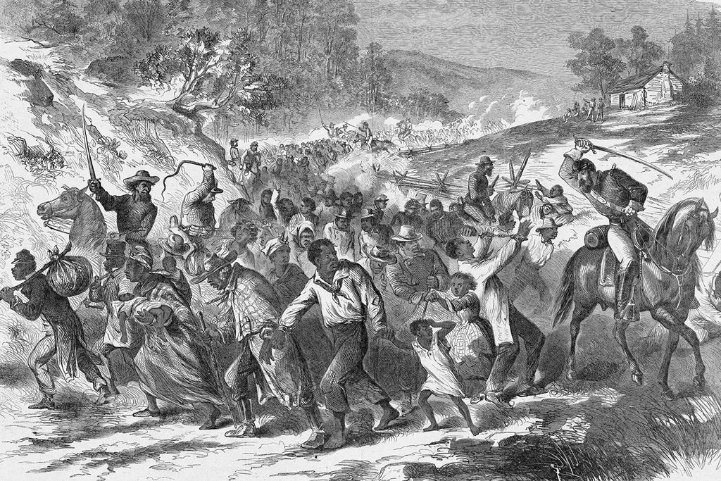 A Harper's Weekly illustration of Black Americans being driven south by Confederate officers in 1862