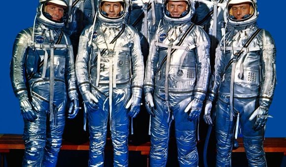 NASA's Project Mercury astronauts on April 9, 1959. Known as the Mercury Seven or Original Seven, they are (front row, left to right) Walter M. 