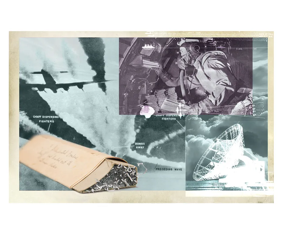 A photo collage consists of three black-and-white images taken in World War II: an airplane flying at high altitude, a man sitting inside the cabin of a bomber, and a large-dish ground radar.