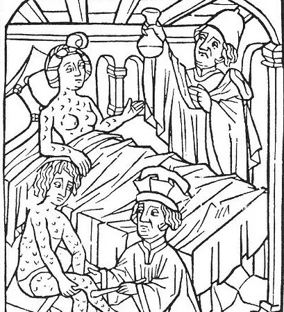 The earliest known portrayal of patients suffering from syphilis, from Vienna in 1498.