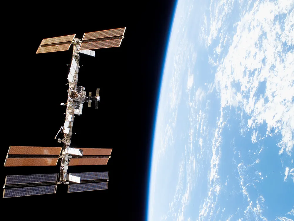 The ISS, as seen from the Space Shuttle Discovery in 2007.