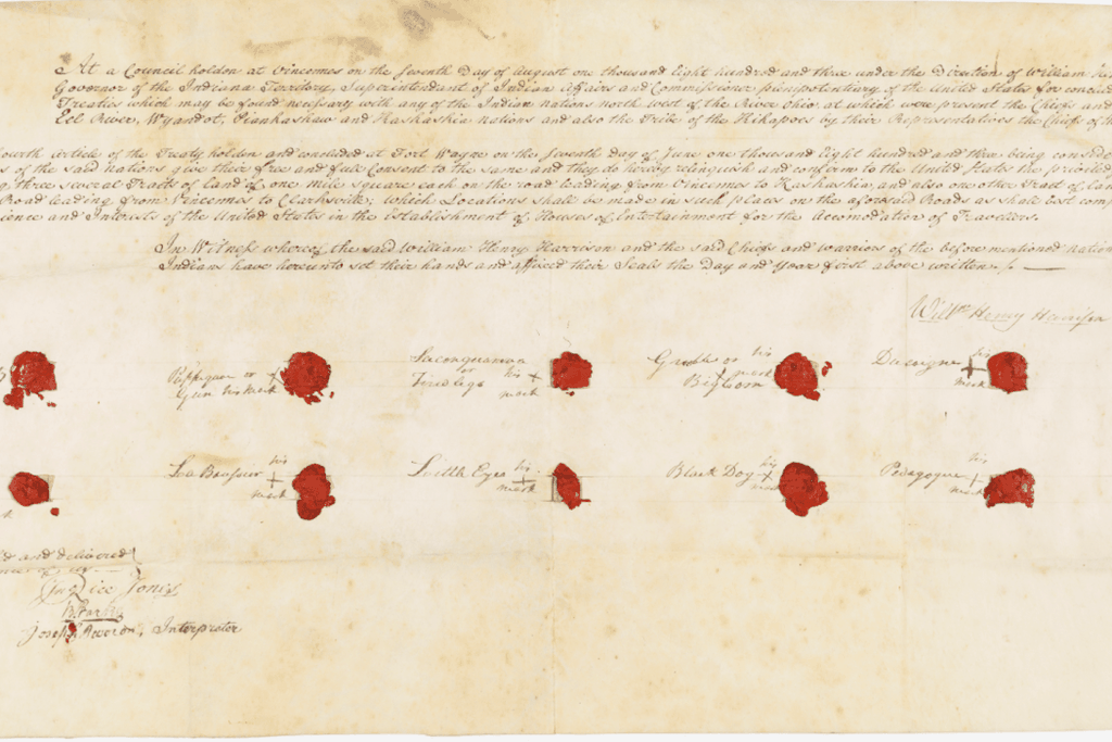 A treaty on a sheet of horizontal parchment paper, with red wax seals next to 11 signed names and three paragraphs of text written in neat, sloping cursive