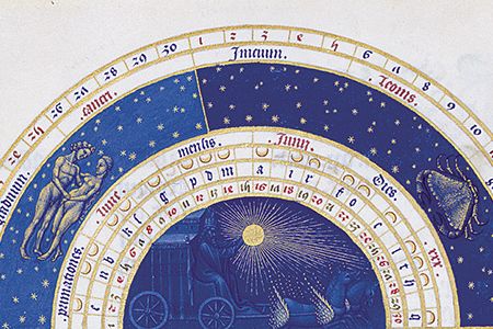 A 15th-century French calendar depicts the natural cycle of day and night.