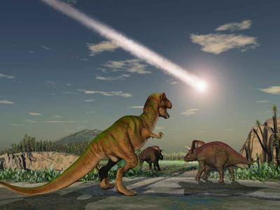 In an artist's interpretation, the forested and warm Late Cretaceous is abruptly destroyed by a six-mile wide asteroid. 