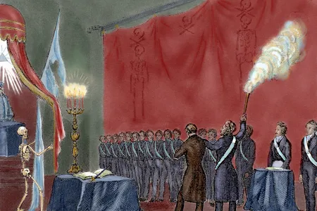 The initiation ceremony for a 19th century secret society, as imagined by an artist. 