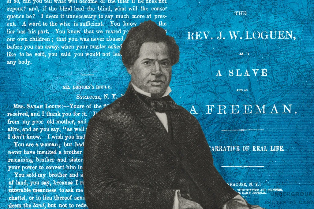 An illustration of Jermain Wesley Loguen in front of a map of the Underground Railroad and pages from his autobiography