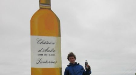 The author, on tour in the Sauternes region of Bordeaux, loved the gold-hued sweet wine of the area but filled his bottle with local bulk red.