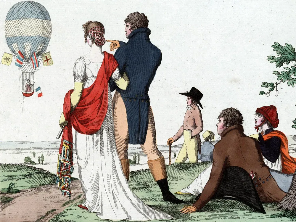 drawing of people in regency clothing watching a balloon flight