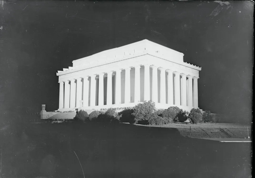 The Lincoln Memorial, illuminated by searchlights on the night of May 31, 1922