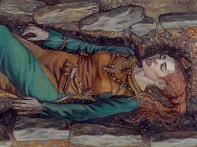 An artistic representation of the Gotlant burial of a Viking-era woman with a modified skull