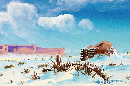 “Hogan in the Snow,” ca. 1985. Painted by Robert Draper (Diné [Navajo], 1938–2000). Chinle, Navajo Nation, Arizona. 26/6481