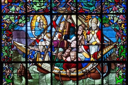 A stained-glass window depicting Empress Matilda&#39;s voyage from England to Normandy