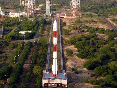 The PSLV rocket that launched Chandrayaan-1, on its way to the pad.