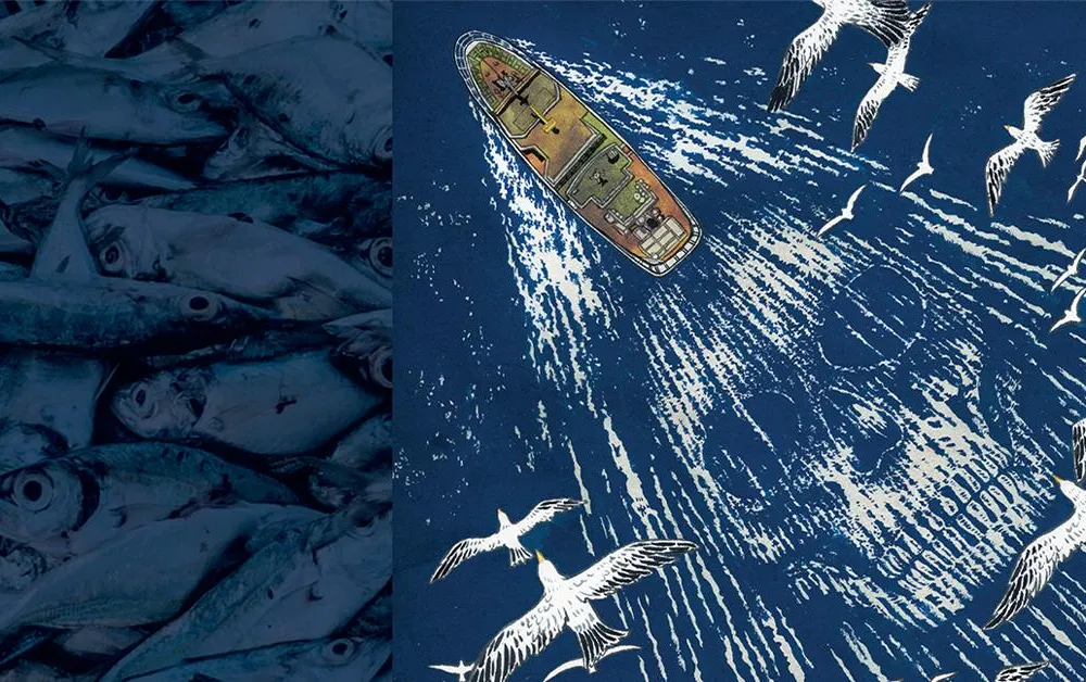 illustration of a ship with a skull patter in the waves