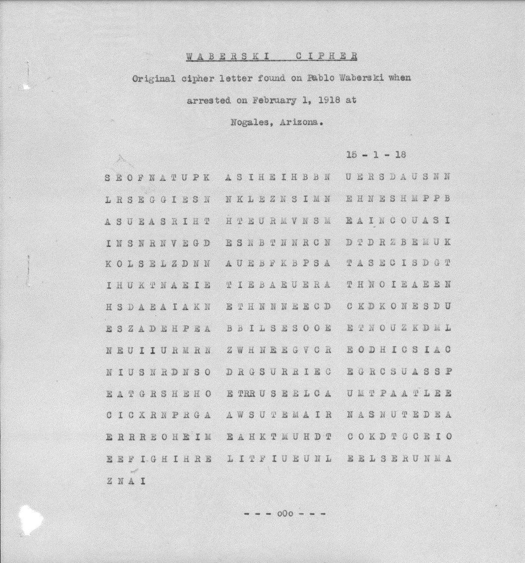 A cipher letter found on Pablo Waberski when he was arrested in February 1918
